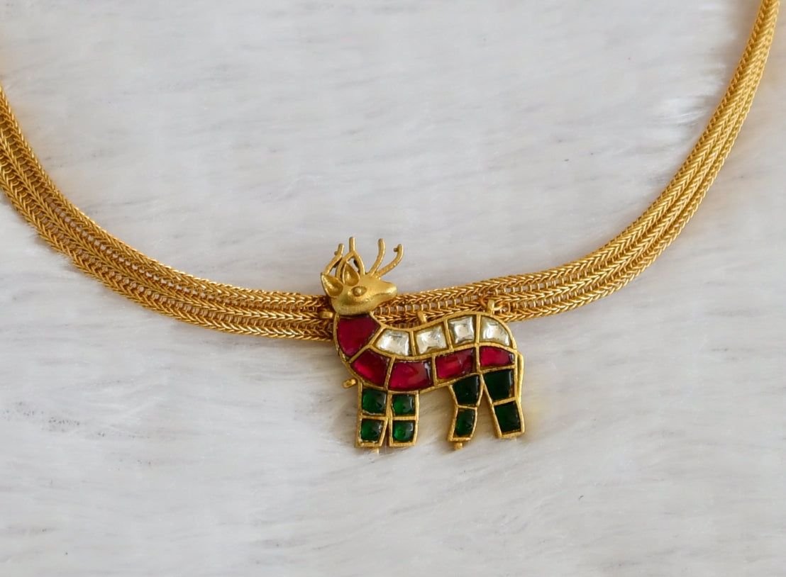 Matte finish pink-green-white kundan jadau deer necklace dj-50105