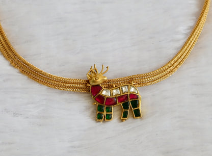 Matte finish pink-green-white kundan jadau deer necklace dj-50105