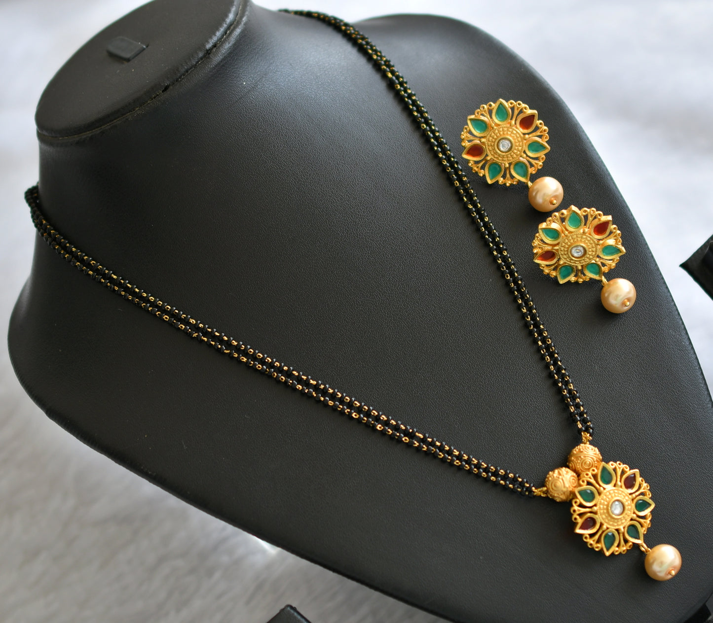 Matte finish green-orange-white flower mangalsutra set dj-46504