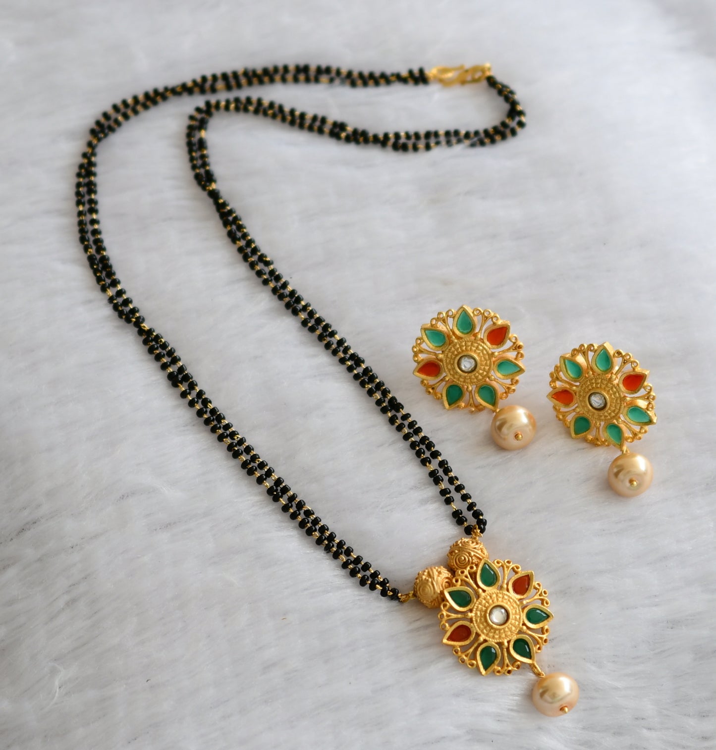 Matte finish green-orange-white flower mangalsutra set dj-46504