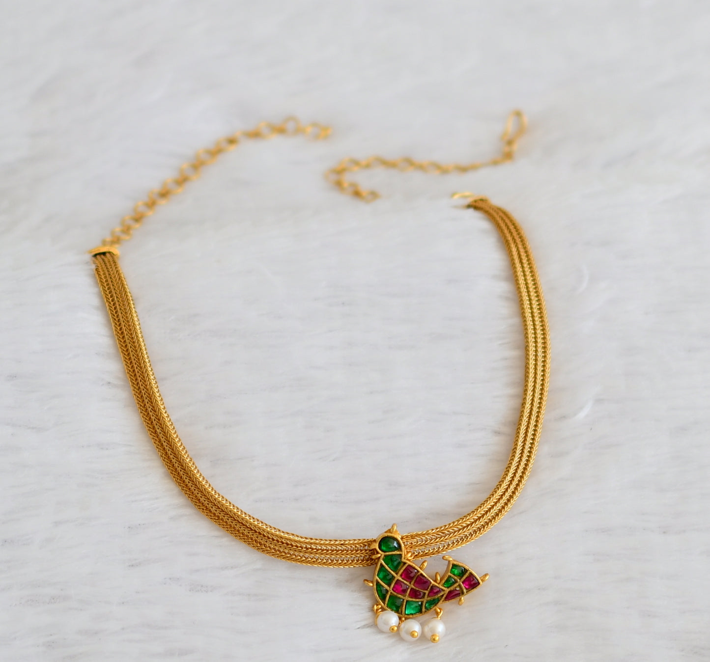 Matte finish green-pink kundan jadau bird necklace dj-50099