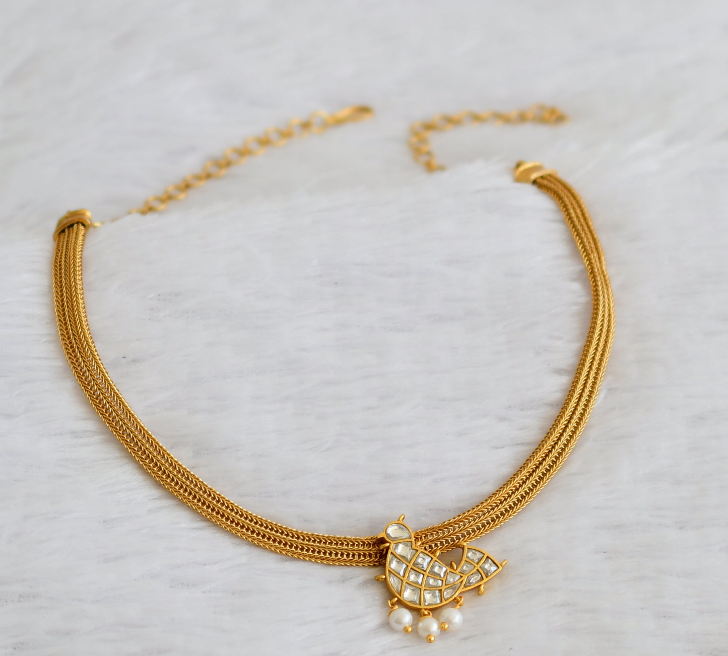 Matte finish white kundan jadau bird necklace dj-50095