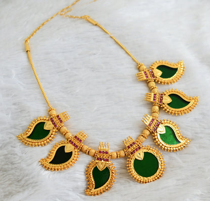 Gold tone kerala style pink-green round mango big kodi necklace dj-48066