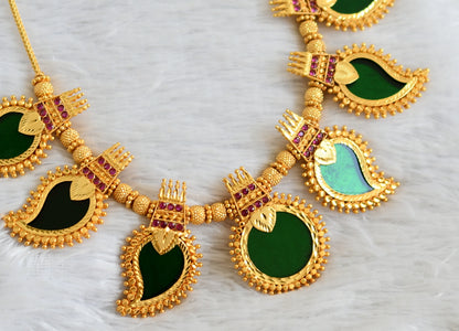 Gold tone kerala style pink-green round mango big kodi necklace dj-48066