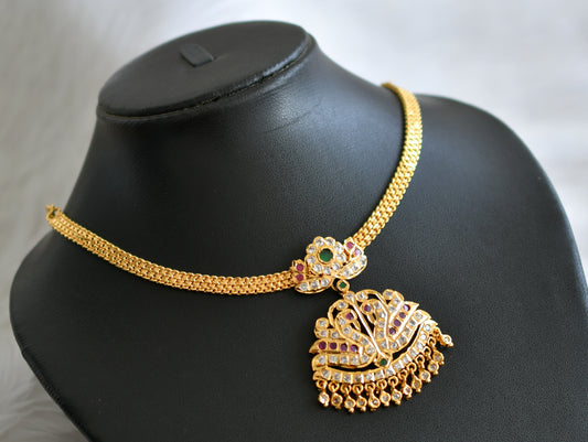 Gold tone ruby-green-white south indian big swan attigai/necklace dj-44703