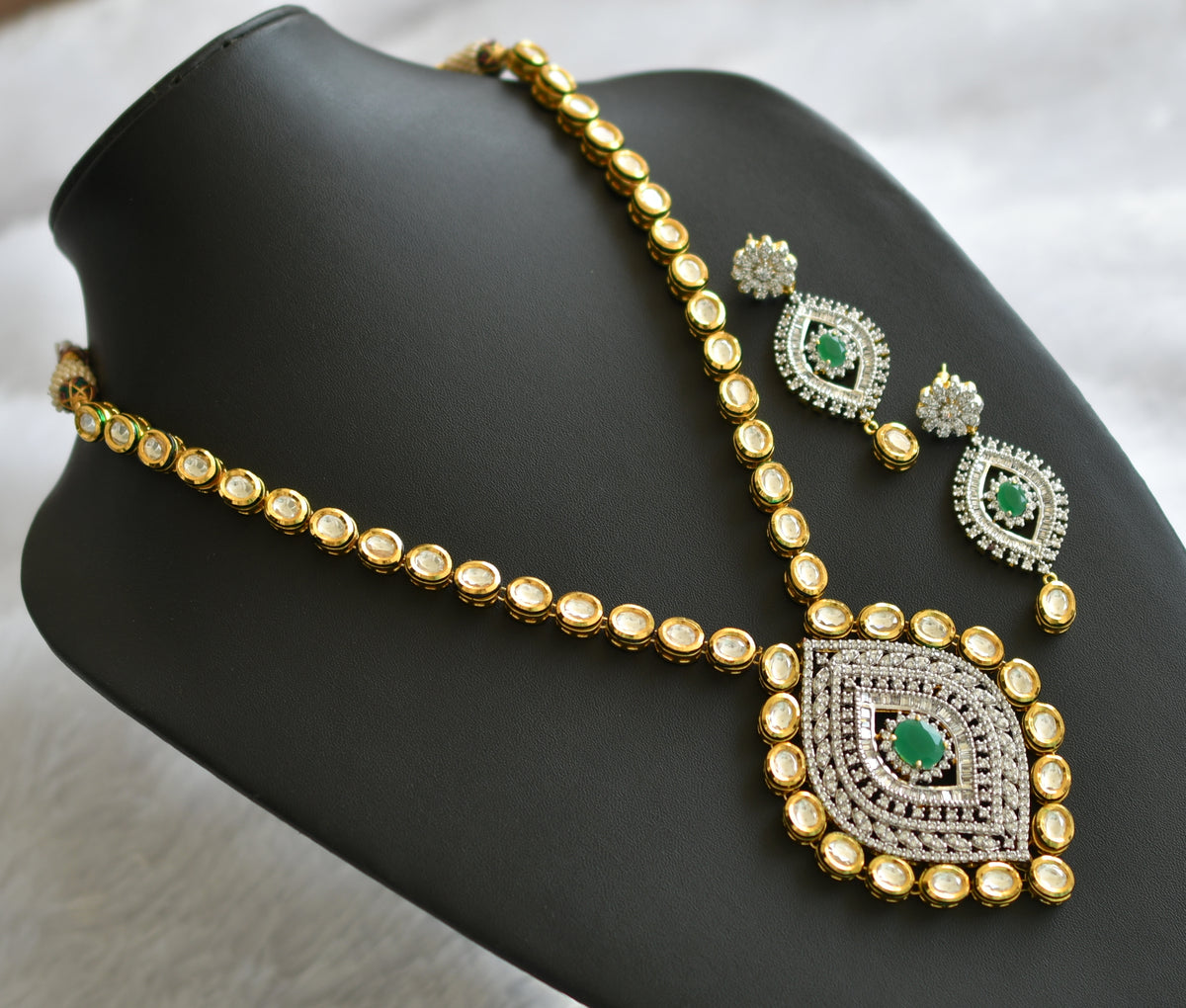 46487 Two tone cz Emerald kundan jadau necklace set dj-46487 – dreamjwell