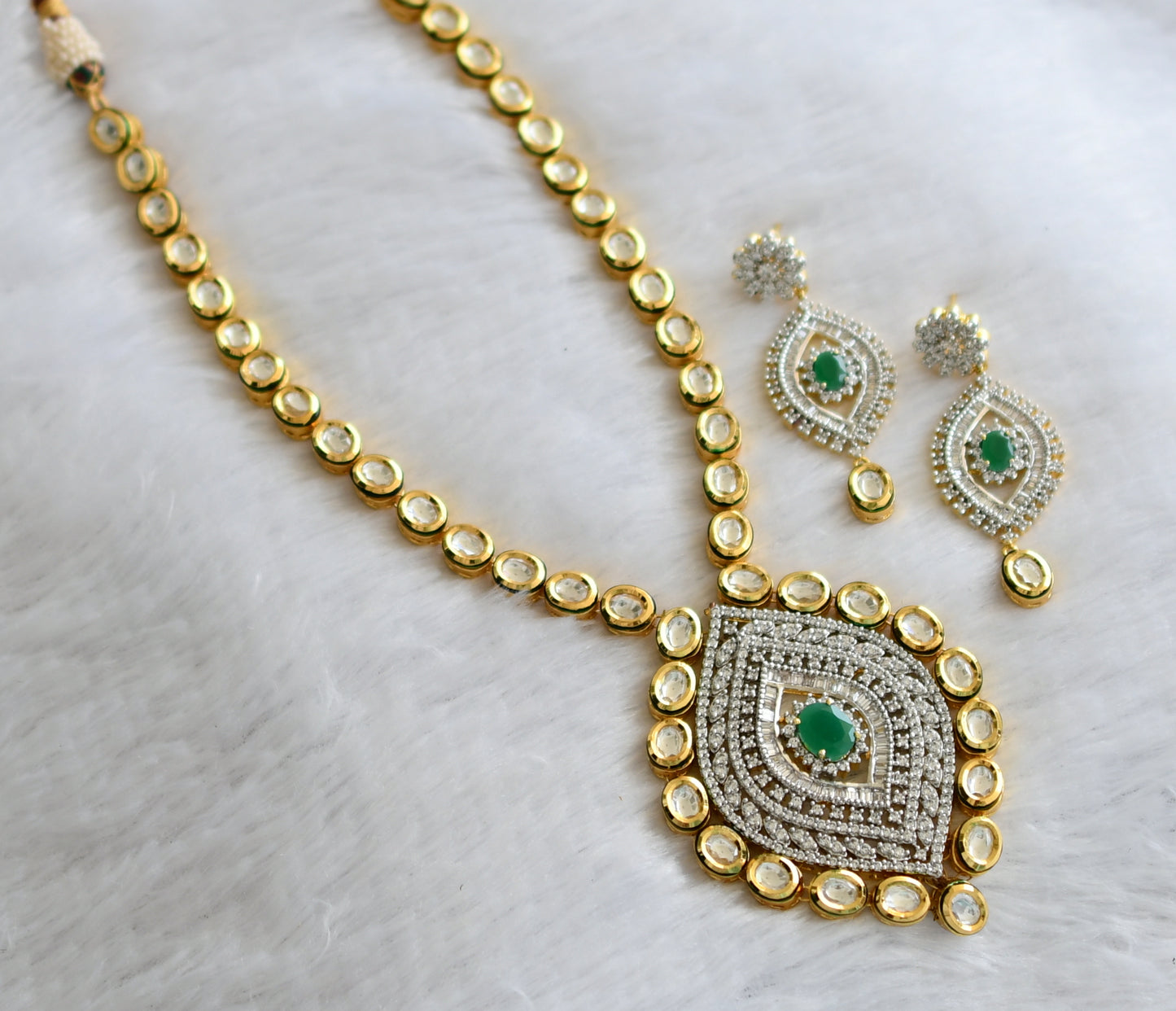 Two tone cz white-green stone kundan jadau necklace set dj-46487