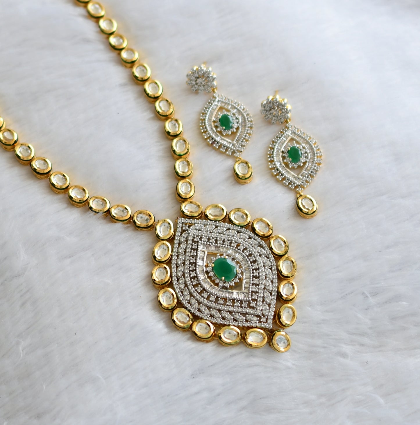 Two tone cz white-green stone kundan jadau necklace set dj-46487