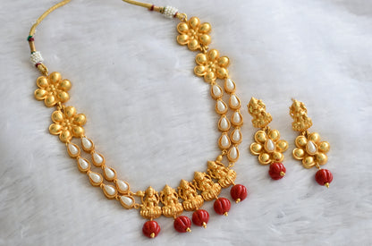 Matte finish coral pumpkin bead pearl stone lakshmi flower necklace set dj-46498