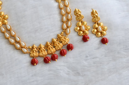 Matte finish coral pumpkin bead pearl stone lakshmi flower necklace set dj-46498