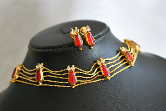 Gold tone kerala style red-white nagapadam choker necklace set dj-44710