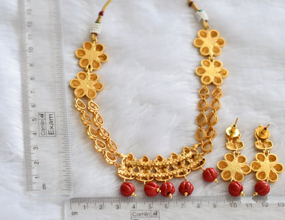 Matte finish coral pumpkin bead pearl stone lakshmi flower necklace set dj-46498