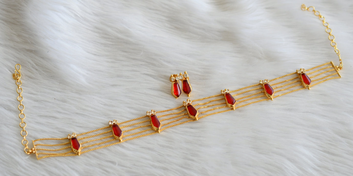 Gold tone kerala style red-white nagapadam choker necklace set dj-44710