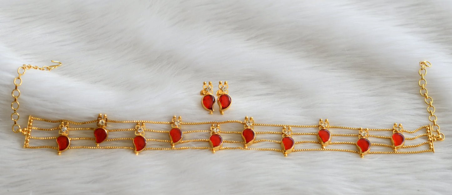 Gold tone kerala style red-white mango choker necklace set dj-44711