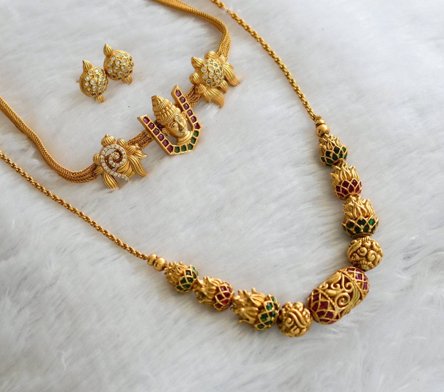 Matte finish ruby-green-white venkateswara beaded chain combo set dj-46497