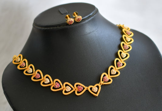 Gold tone ruby-white heart necklace set dj-44712