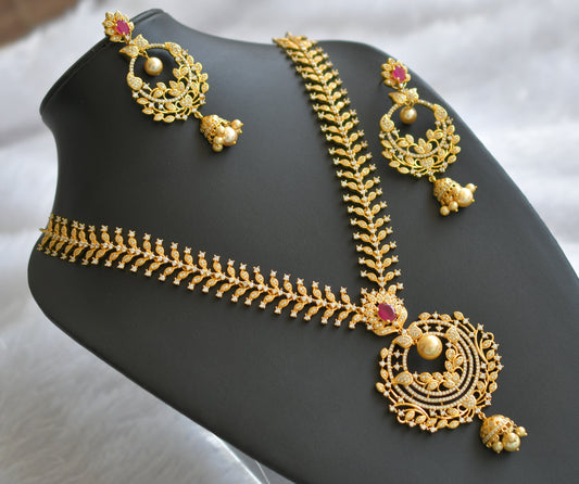 Gold tone cz white-ruby pearl leaf necklace set dj-46489