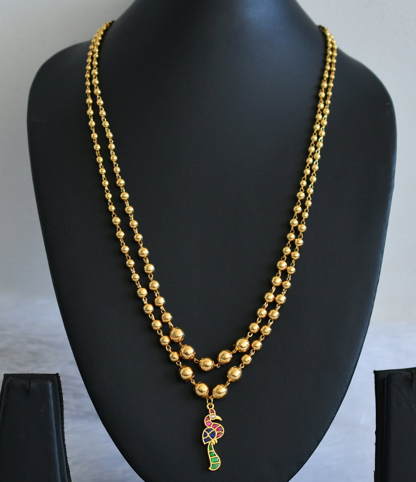 Gold tone double layer ball chain with pink-white-blue-green kundan jadau peacock pendant dj-50093