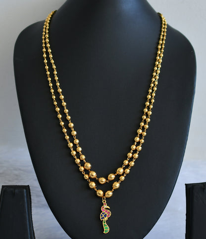 Gold tone double layer ball chain with pink-white-blue-green kundan jadau peacock pendant dj-50093