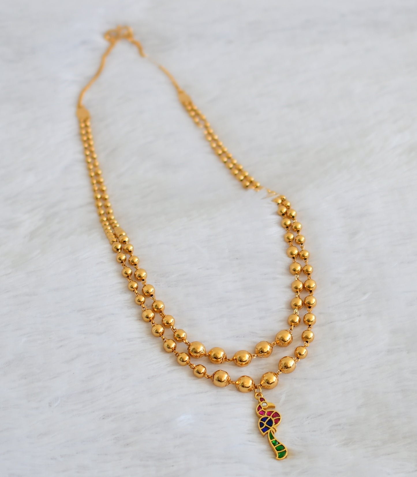 Gold tone double layer ball chain with pink-white-blue-green kundan jadau peacock pendant dj-50093