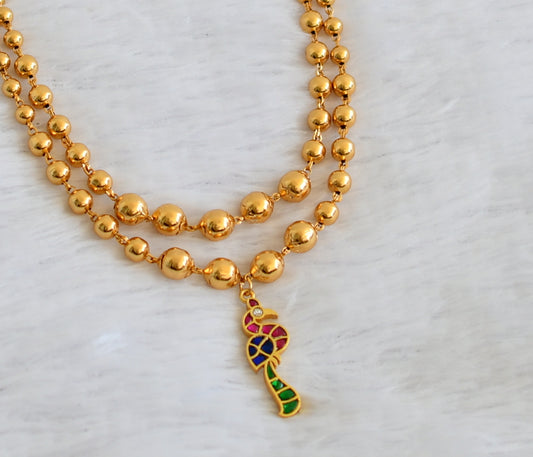 Gold tone double layer ball chain with pink-white-blue-green kundan jadau peacock pendant dj-50093