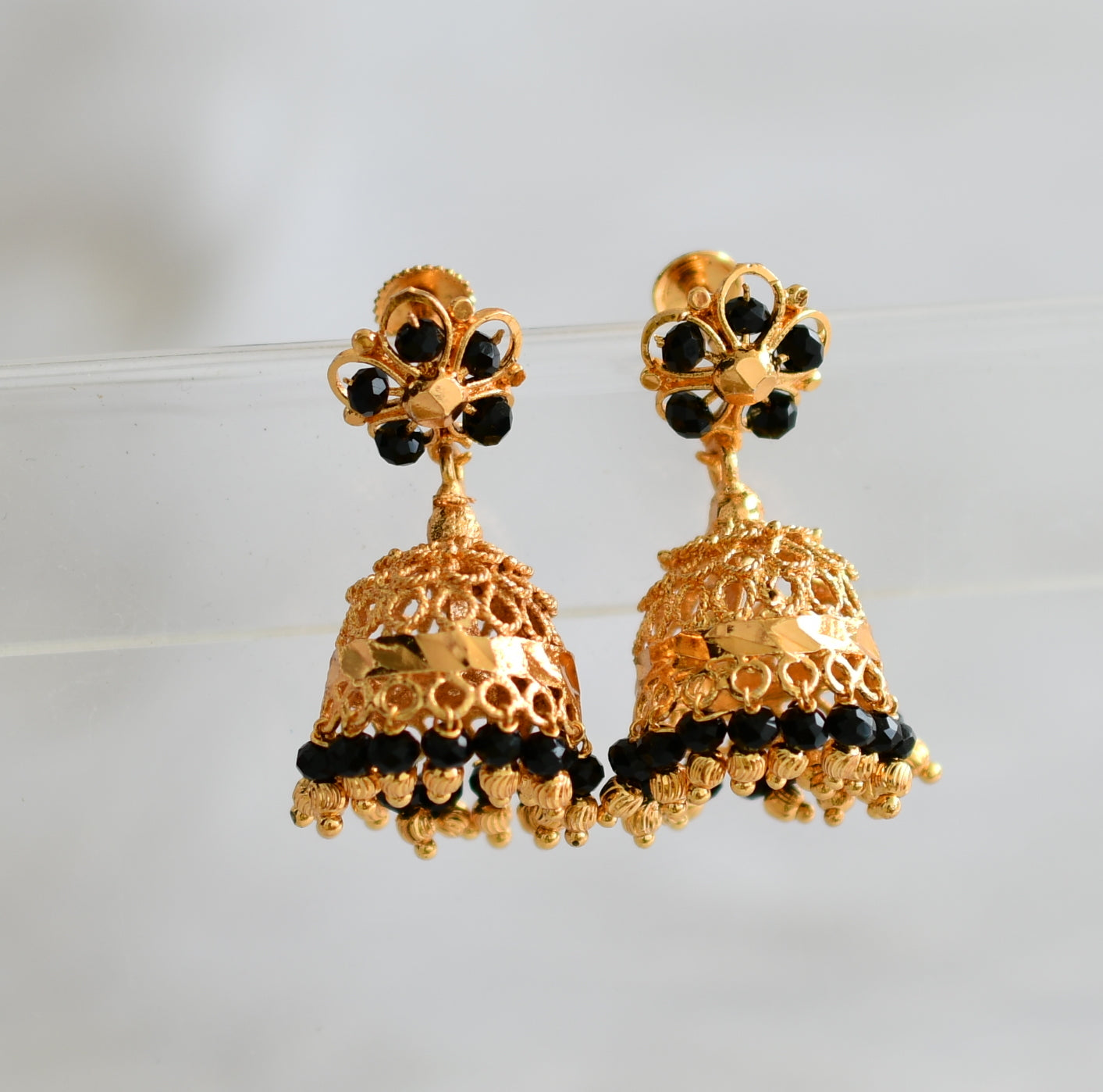 Gold tone kerala style black beaded jhumkka dj-43186