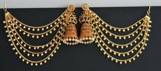 Matte finish ruby-green-white peacock jhumkka with pearl multi layer ear side chain dj-47936