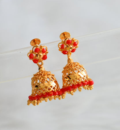 Gold tone kerala style red beaded jhumkka dj-43187