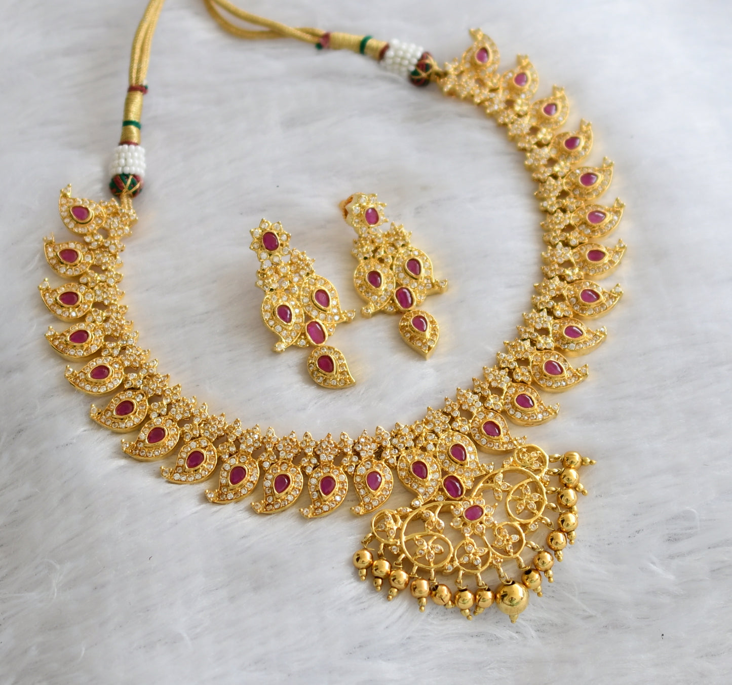 Gold tone ad ruby-white mango necklace set dj-46490