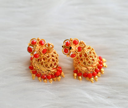 Gold tone kerala style red beaded jhumkka dj-43187