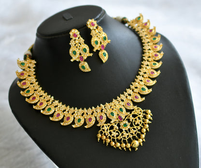 Gold tone ad white-ruby-green mango necklace set dj-46493