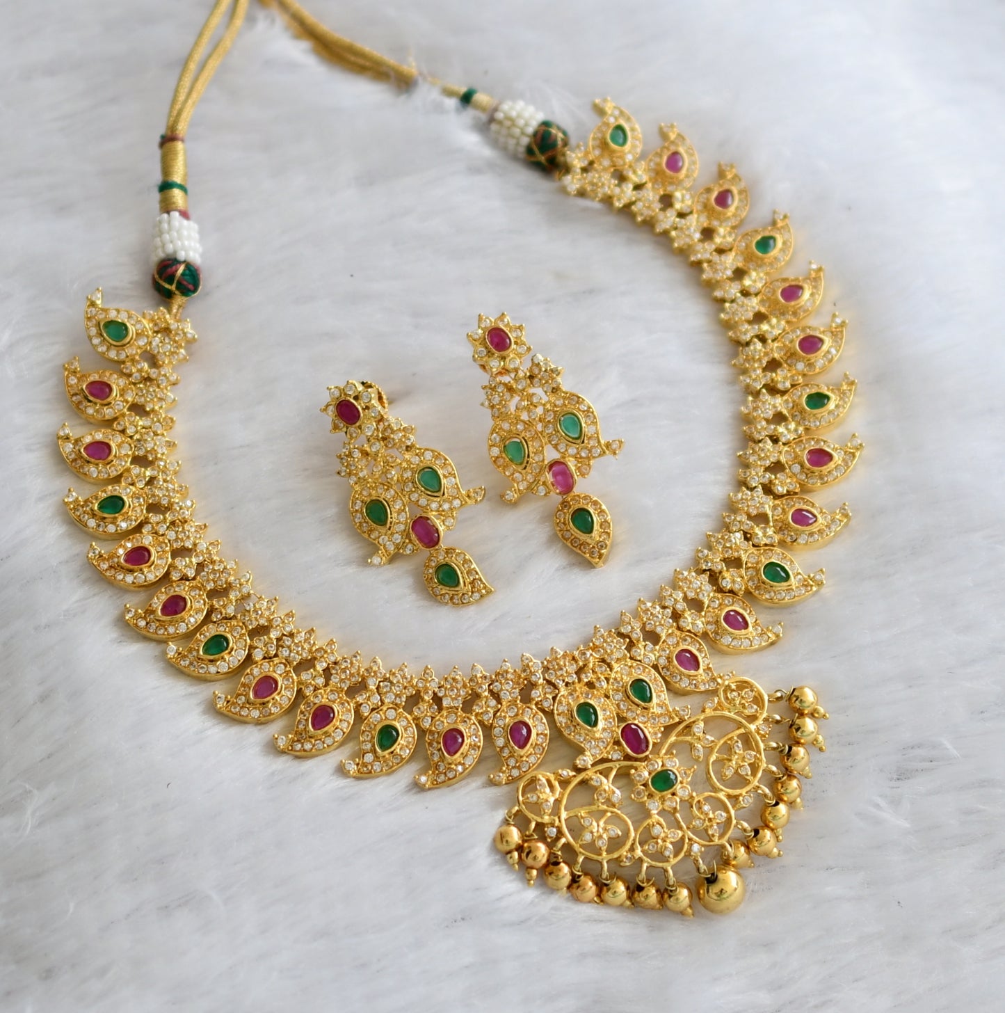 Gold tone ad white-ruby-green mango necklace set dj-46493