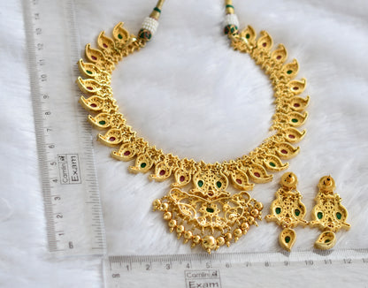 Gold tone ad white-ruby-green mango necklace set dj-46493