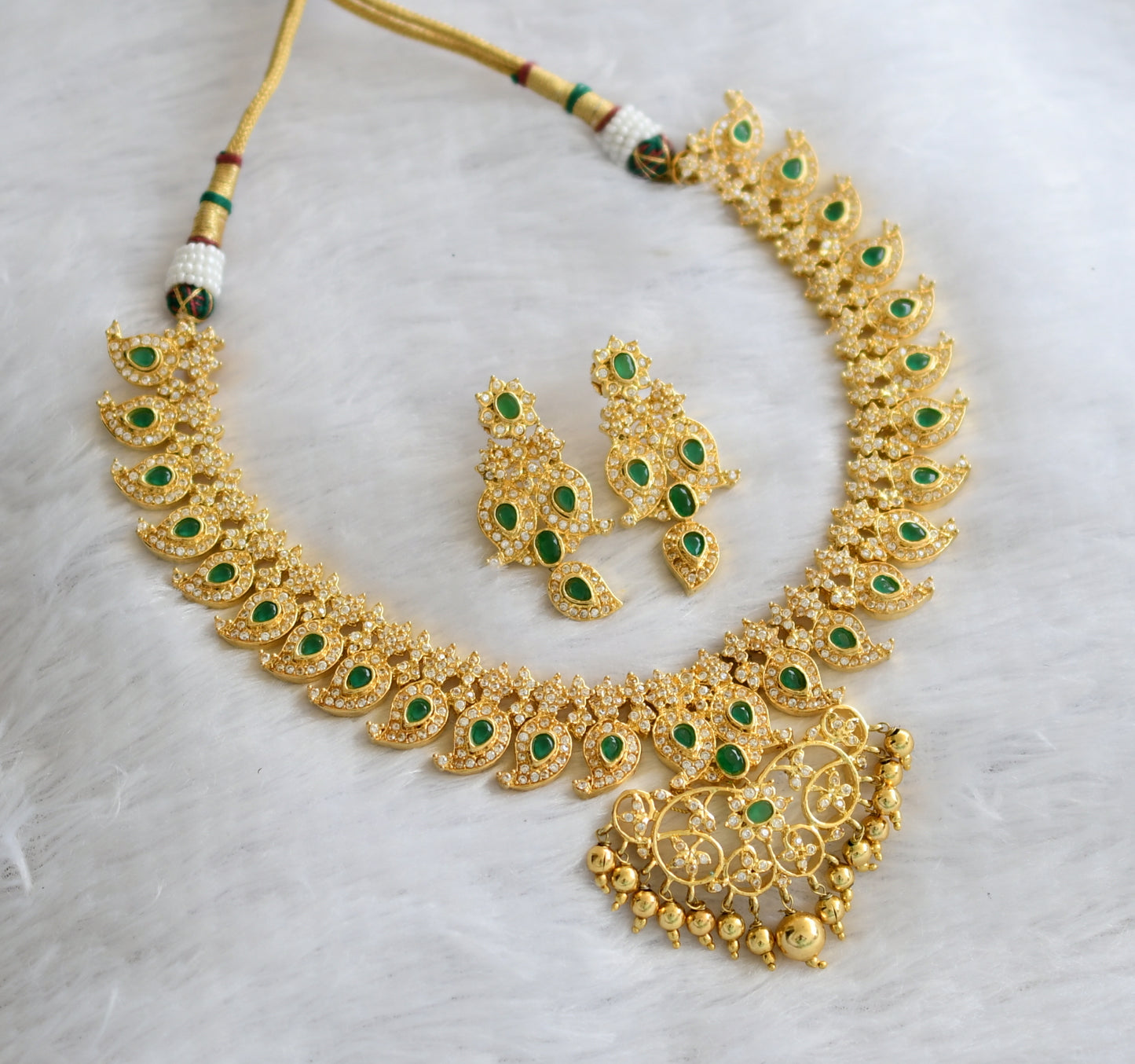 Gold tone ad white-green stone mango necklace set dj-46492