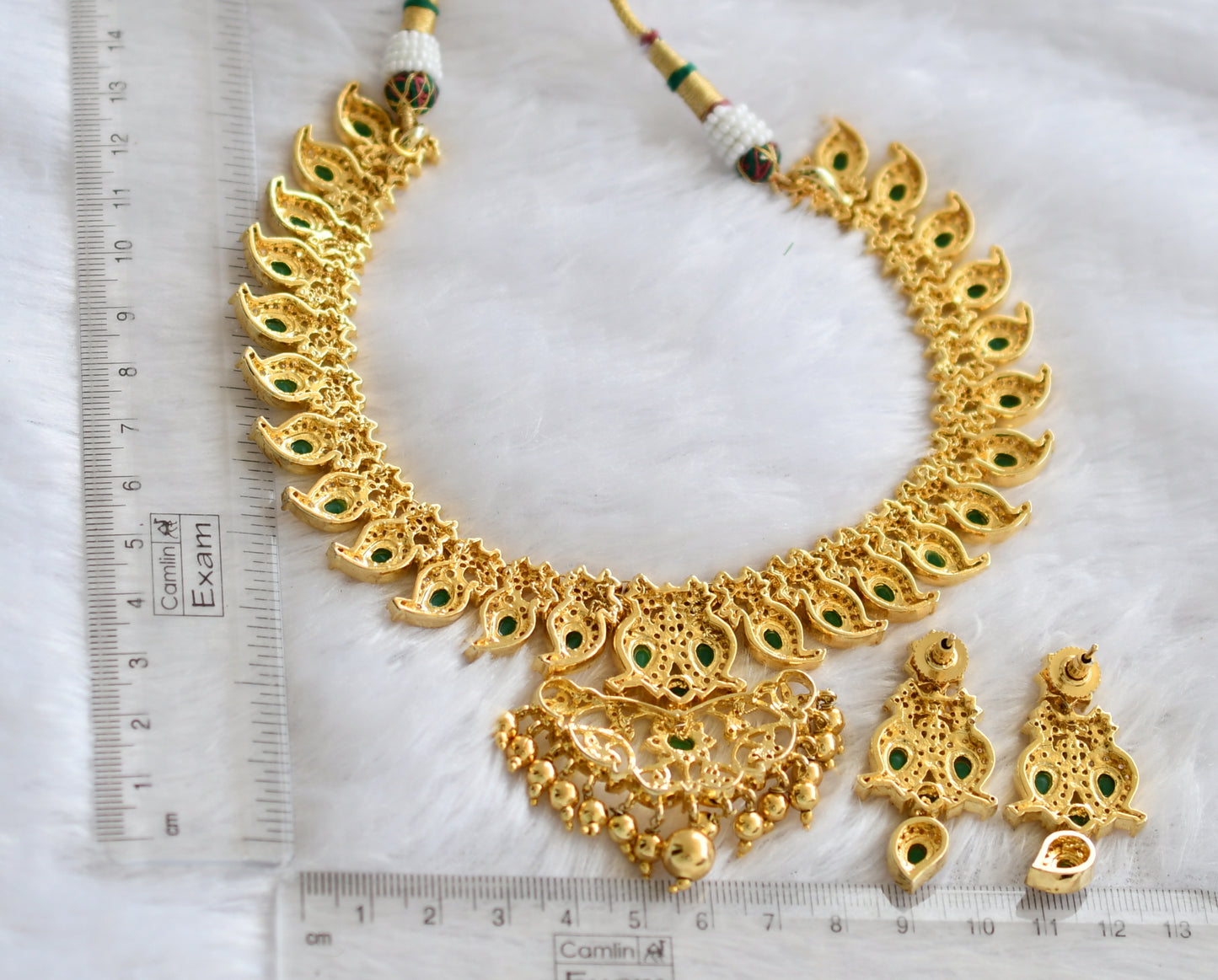Gold tone ad white-green stone mango necklace set dj-46492