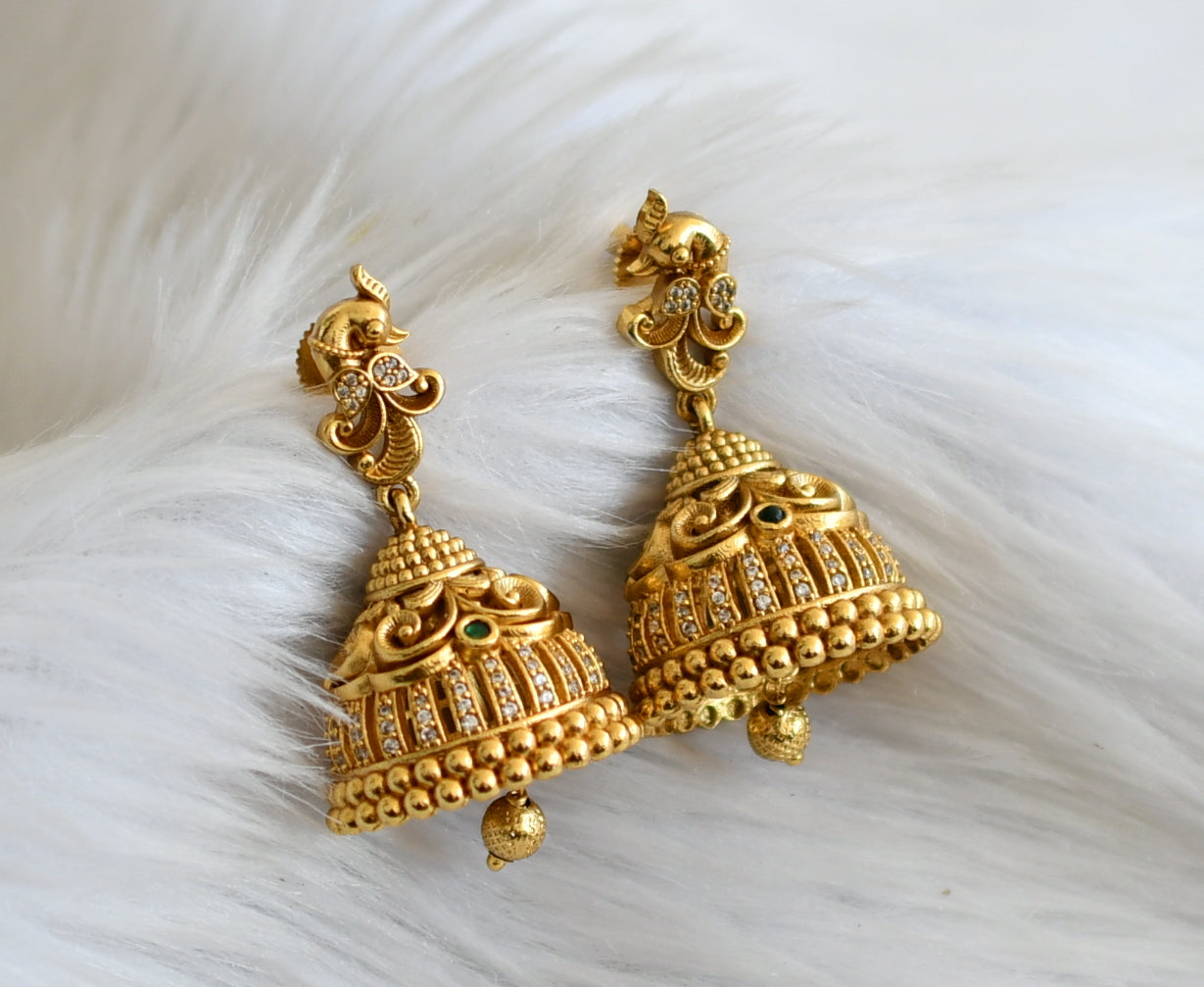 Antique gold tone green-white peacock jhumkka dj-44725