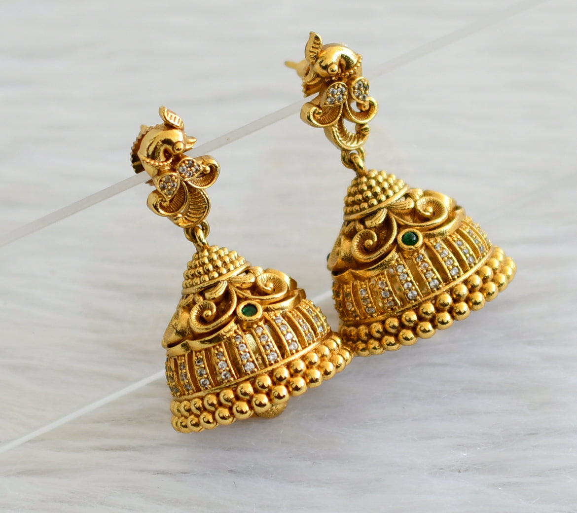 Antique gold tone green-white peacock jhumkka dj-44725