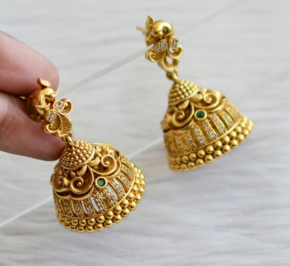 Antique gold tone green-white peacock jhumkka dj-44725