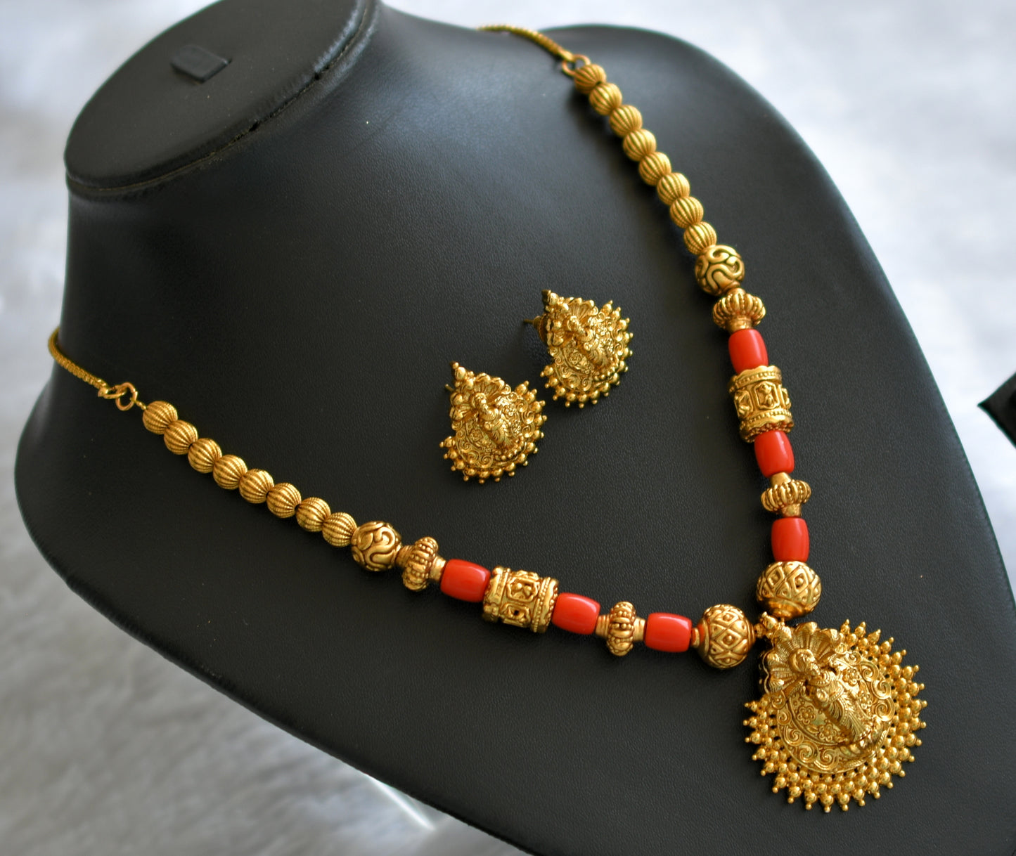 Matte finish coral beaded lakshmi necklace set dj-46499