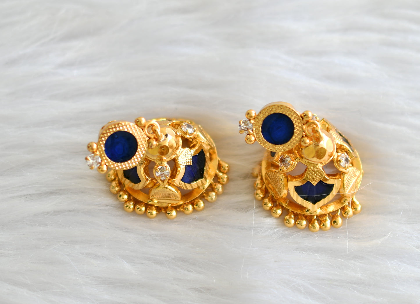 Gold tone kerala style white-blue palakka jhumkka dj-43192