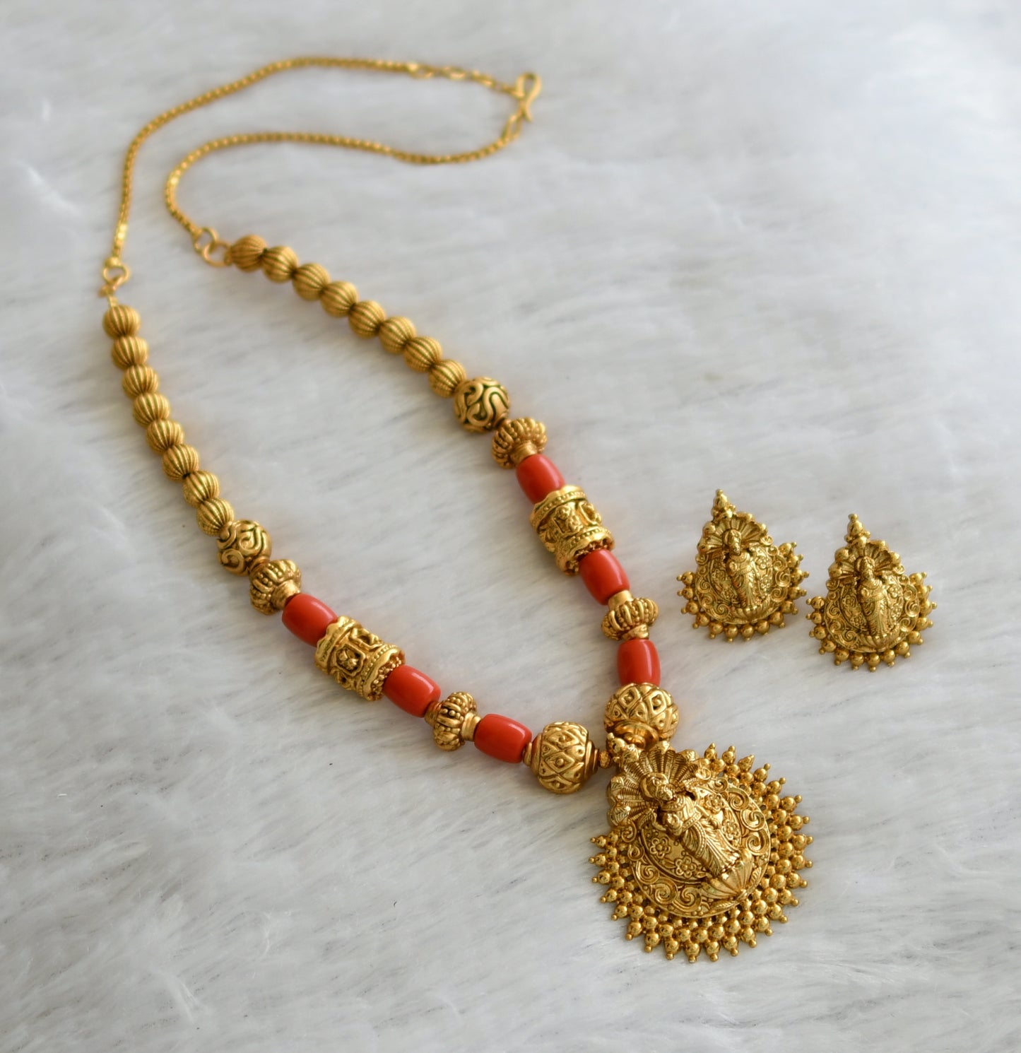 Matte finish coral beaded lakshmi necklace set dj-46499