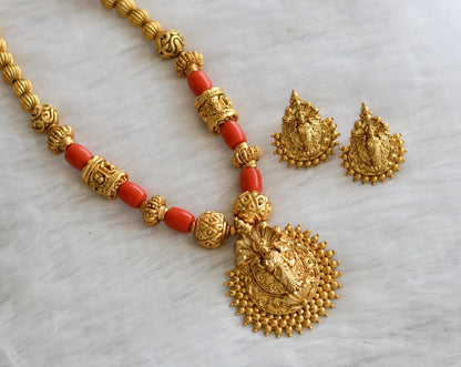 Matte finish coral beaded lakshmi necklace set dj-46499