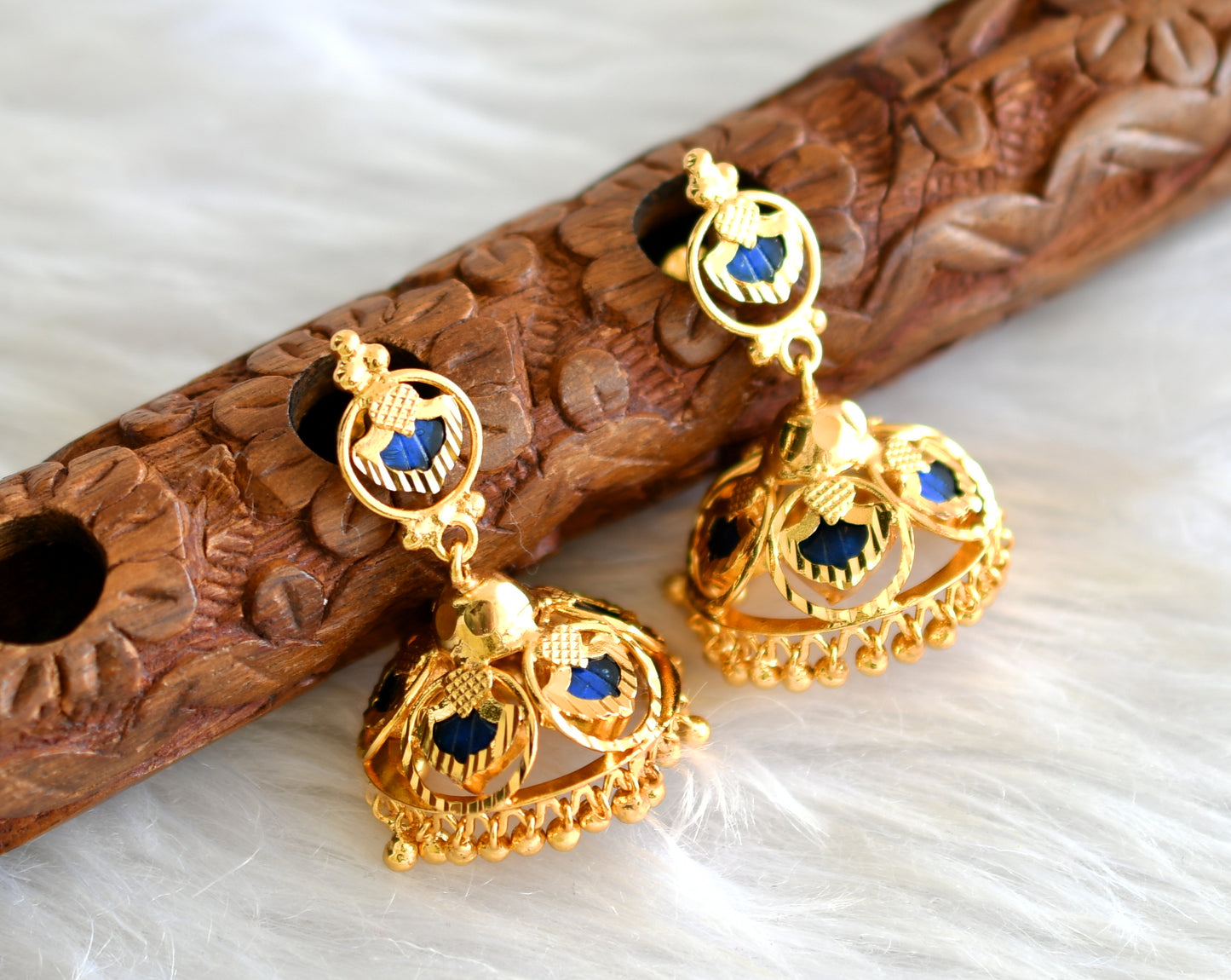 Gold tone kerala style blue palakka jhumkka dj-43193