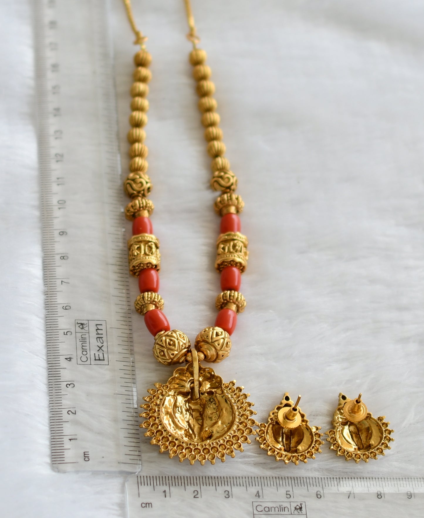 Matte finish coral beaded lakshmi necklace set dj-46499