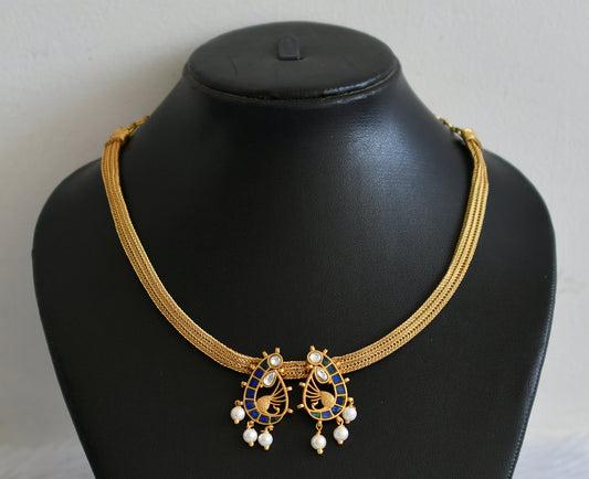 Matte finish blue-white kundan jadau peacock necklace dj-50108
