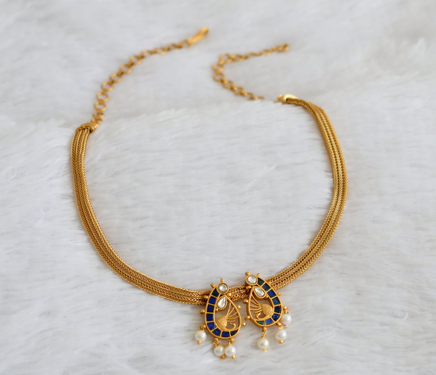 Matte finish blue-white kundan jadau peacock necklace dj-50108