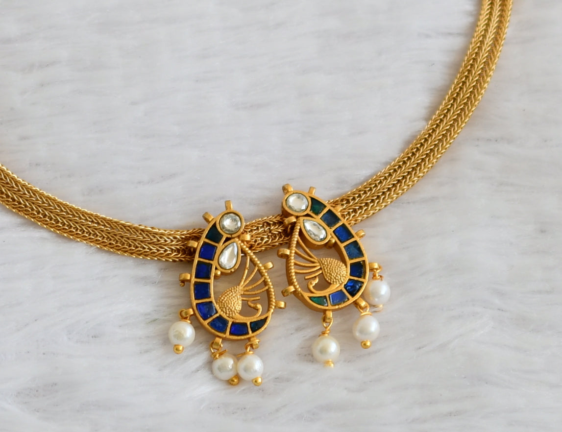 Matte finish blue-white kundan jadau peacock necklace dj-50108