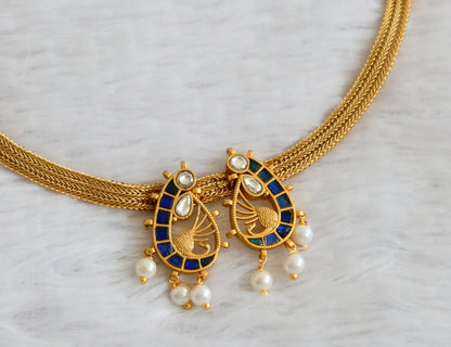 Matte finish blue-white kundan jadau peacock necklace dj-50108