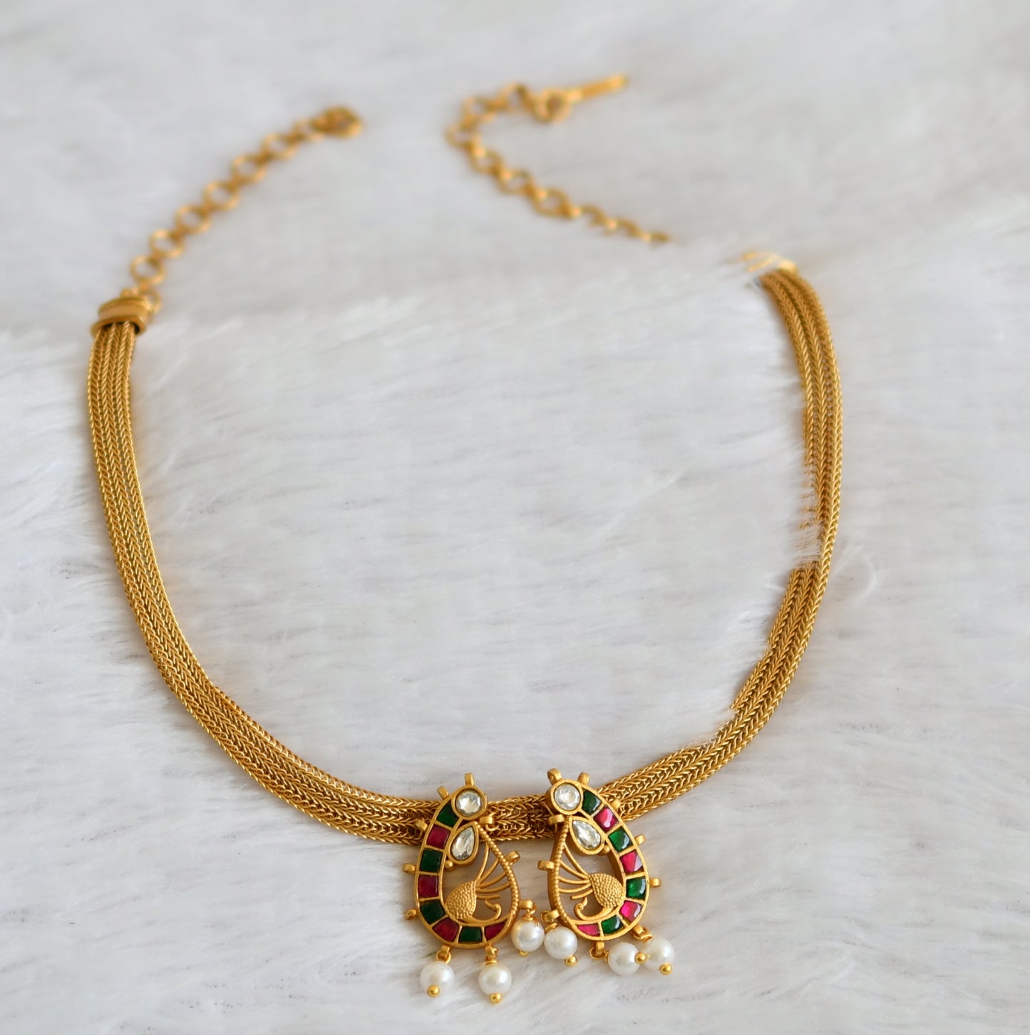 Matte finish ruby-green-white kundan jadau peacock necklace dj-50110