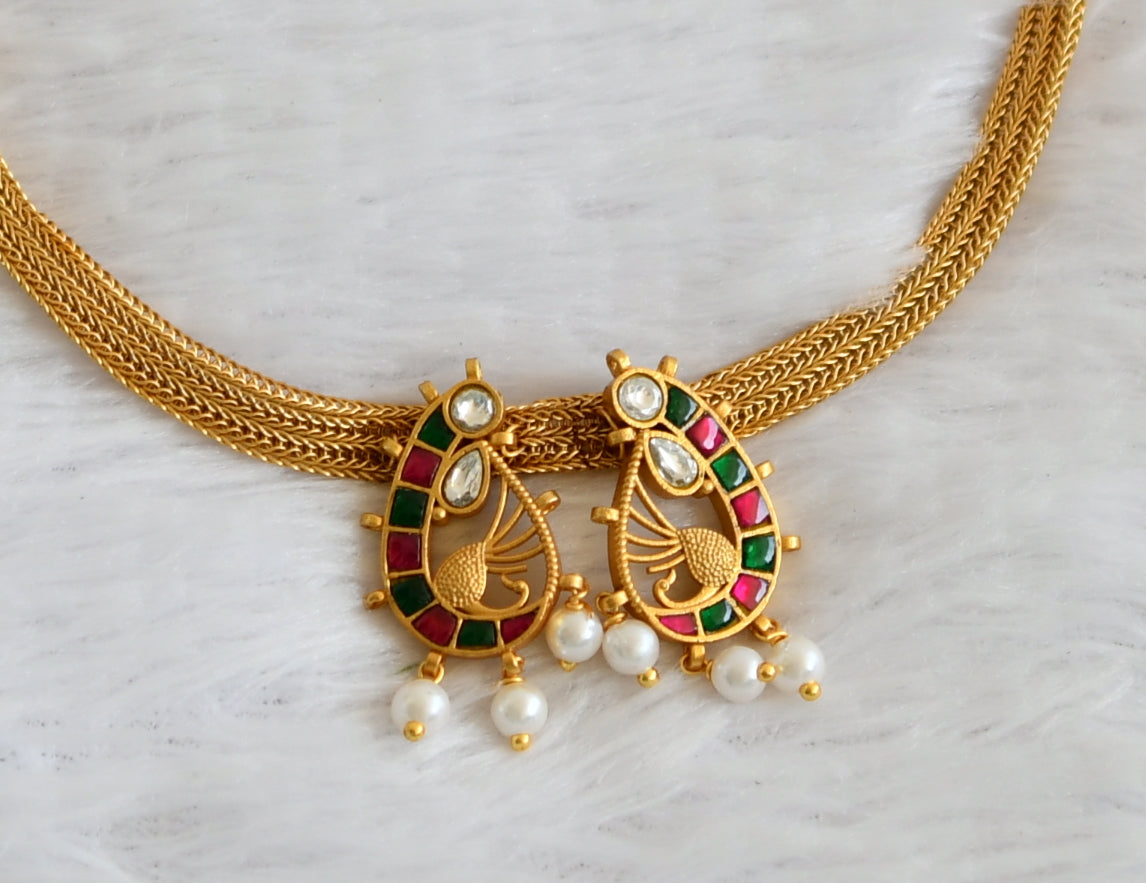 Matte finish ruby-green-white kundan jadau peacock necklace dj-50110